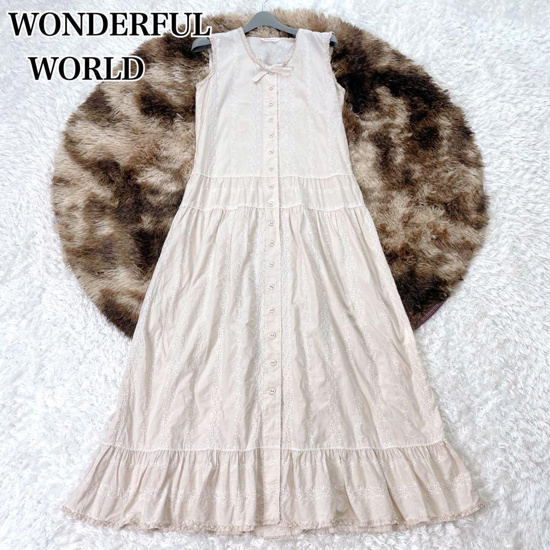 通販 ベージュ WORLD WONDERFUL ノースリーブ 刺繍 ロングワンピース ワンピース