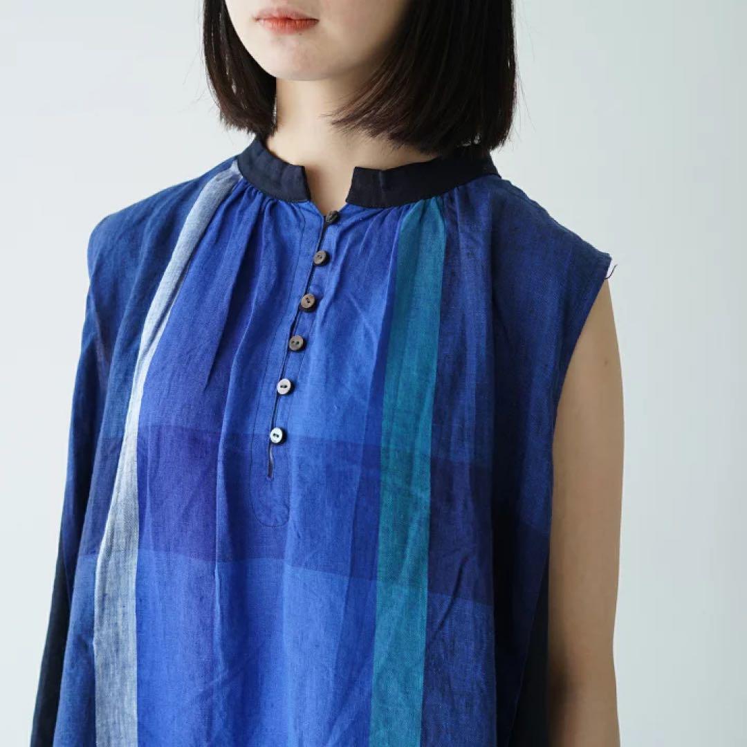 美品　ツチエ TUTIE. リネン パネルチェック ノースリーブ ワンピース