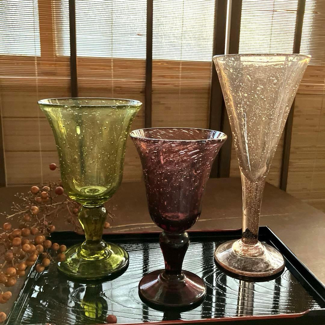 気泡 フランス LaVerrerie de Biot ゴブレット3点セット目立った傷や汚れなし
