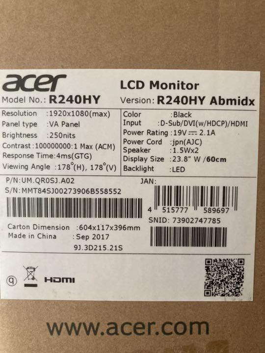 低価在庫 中古美品 acer モニター R240HY g4jq3-m64687325676 超歓迎新品