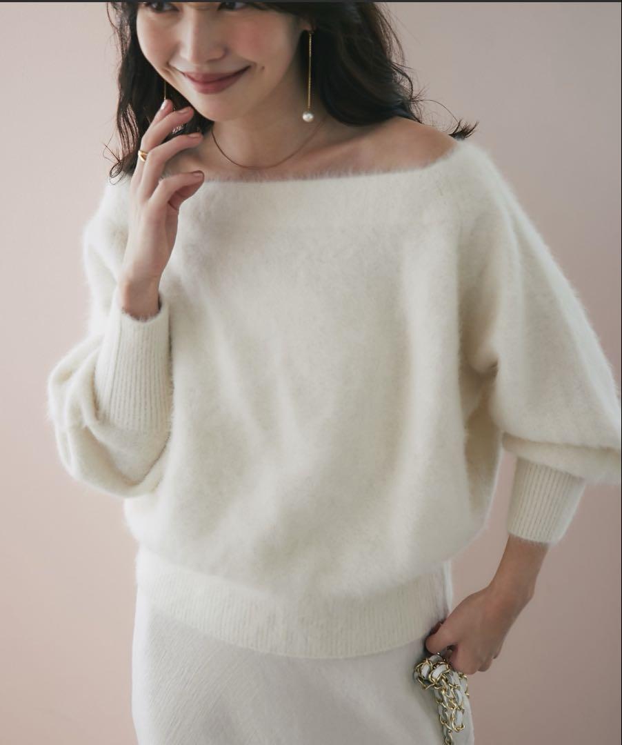 ラブティックボンボン　ヘアリーウールカシミヤ混オフショルニット