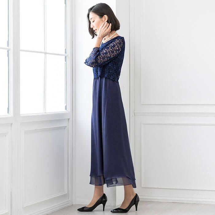 美品✨ソワールドルチェ　レースワンピース　ドレス　紺　17号 美品✨ソワールドルチェ レースワンピース ドレス 紺 17号