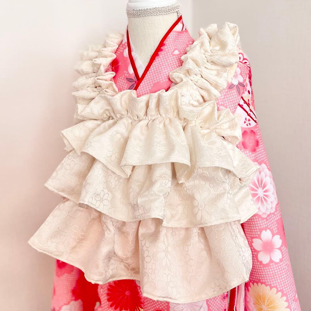 七五三3歳高級和柄生地お花のフリルスカート被布卒業式袴　浴衣着物　帯飾り　七五三