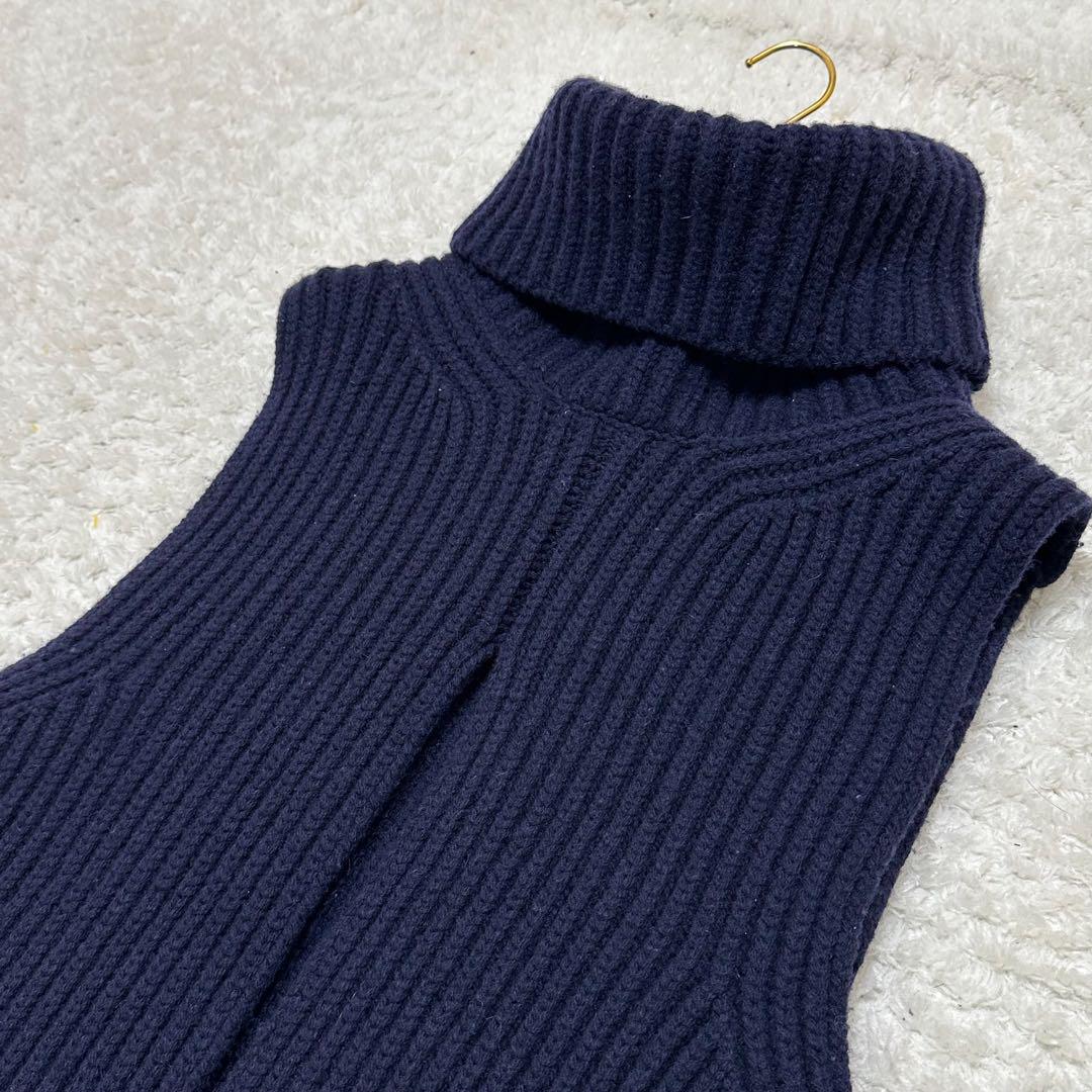 CELINE タートルネック ロングニットベスト カシミヤ混 ラムレザー S