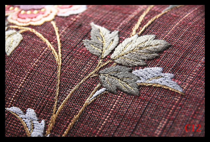 C12厳選西陣 紬 繊細な刺繍美 草花文様 蘇芳地太鼓柄 高級純金糸