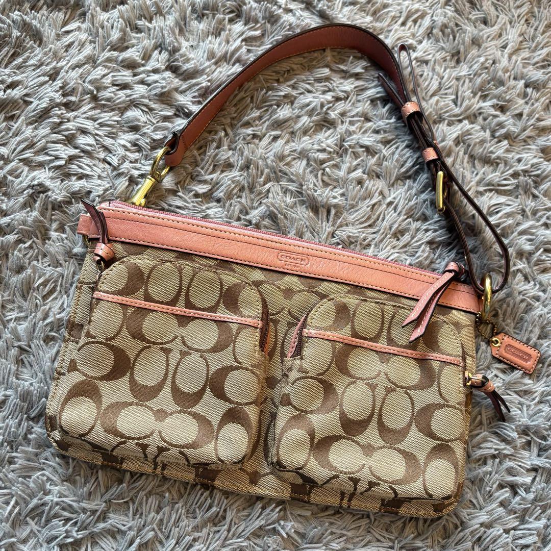 COACH コーチ ショルダーバッグ シグネチャー ピンクレザー ミニバッグ