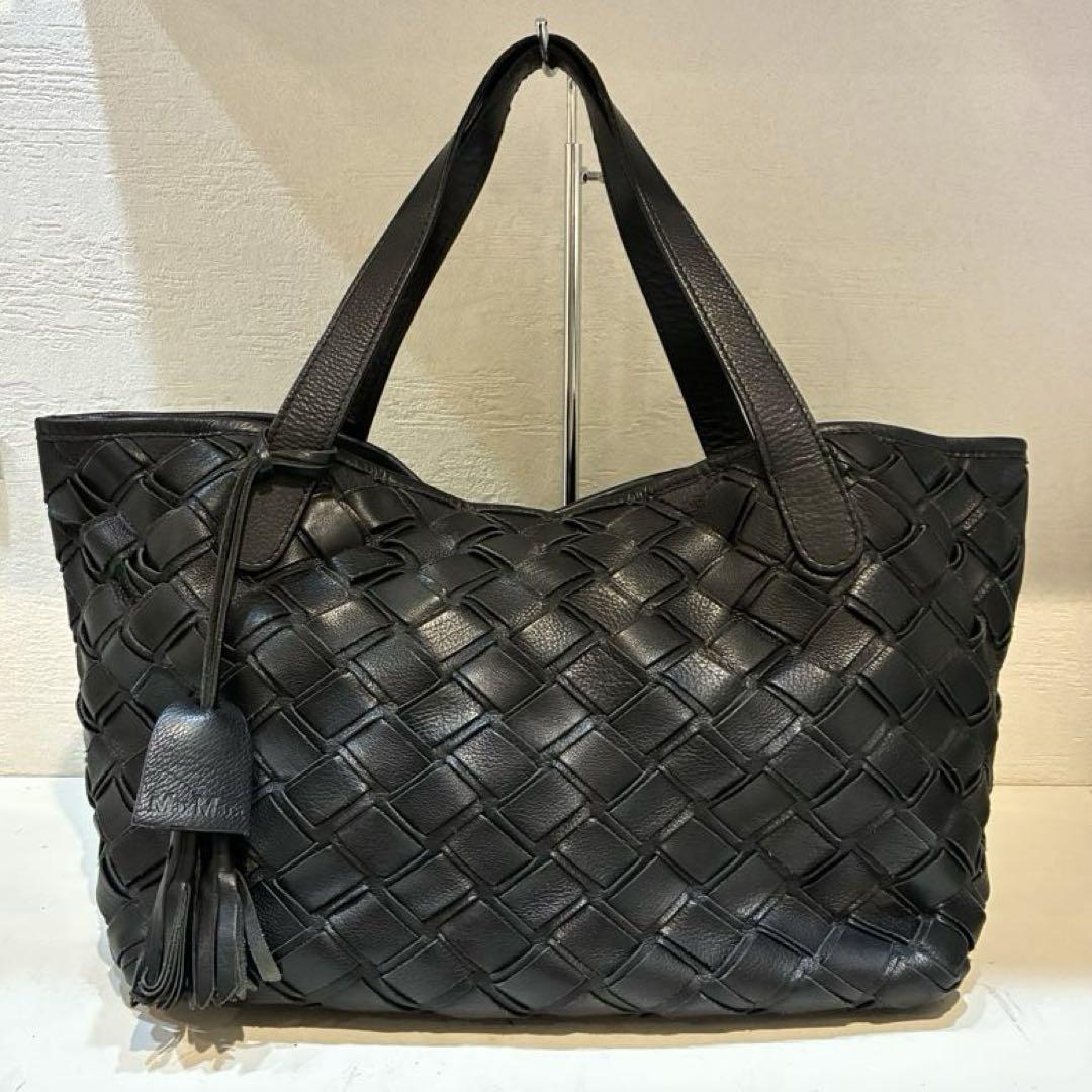 【美品】MaxMara レザー　編み込み　メッシュ　トートバッグ　黒