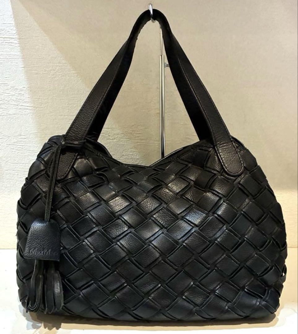 【美品】MaxMara レザー　編み込み　メッシュ　トートバッグ　黒
