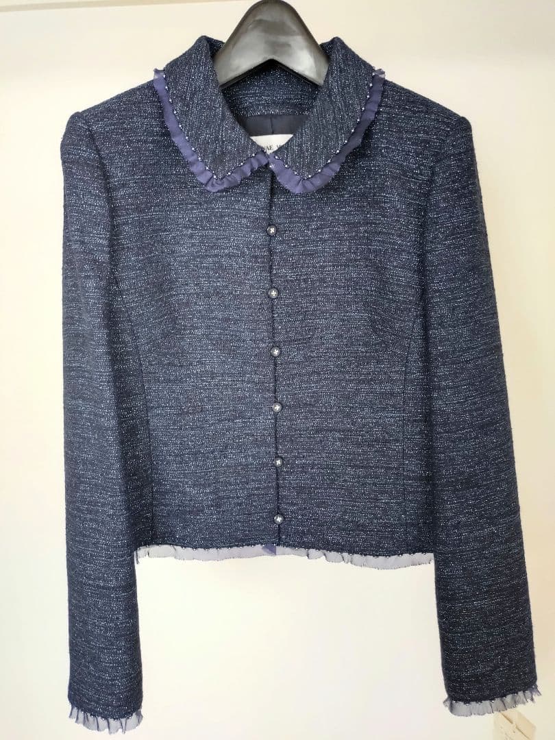 ネイビー ツイード風ジャケット フリル襟 ビーズ 紺