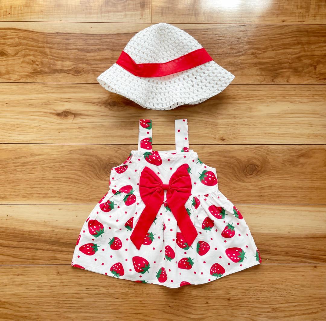 【子供服】いちごワンピース　110　赤　リボン　かわいい　おでかけ　春夏秋