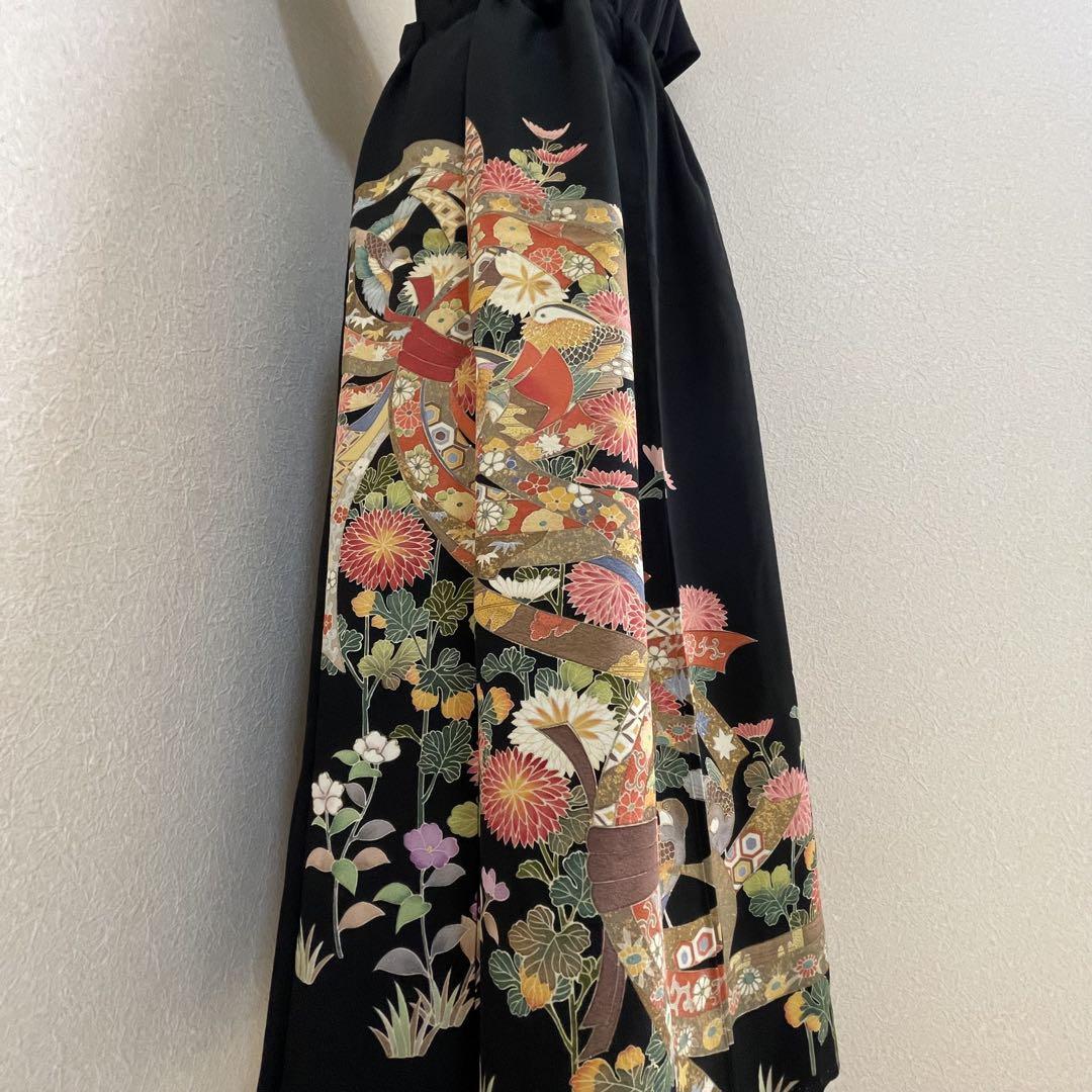 1点物】美品 着物 リメイク ロングスカート 黒留袖 正絹 豪華 花