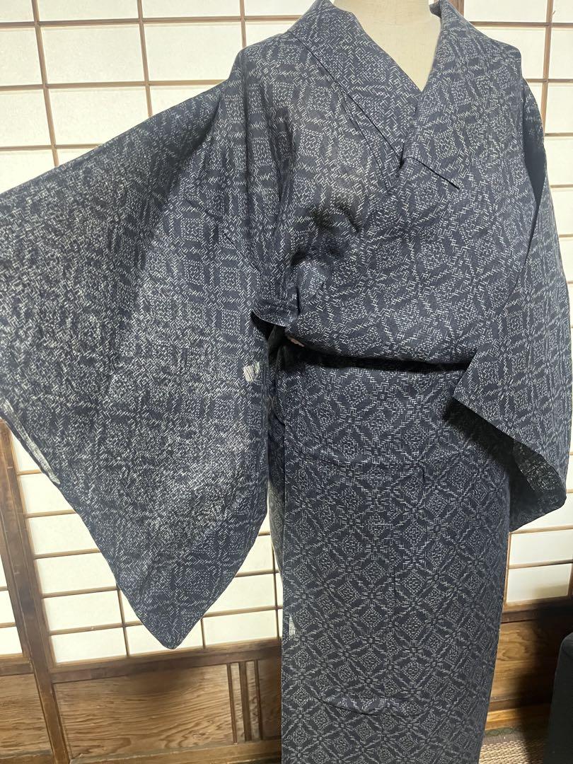のと上布 夏着物 黒 古い 軽い ヤケあり着物リメイク 丈140.