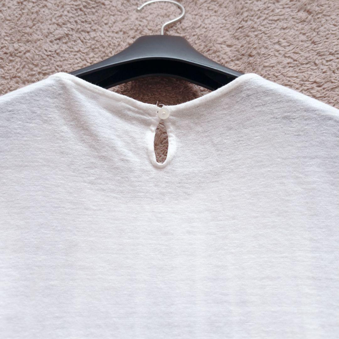 45r　タックリネンTシャツ　半袖　カットソー　リネン　　レース　白　ホワイト