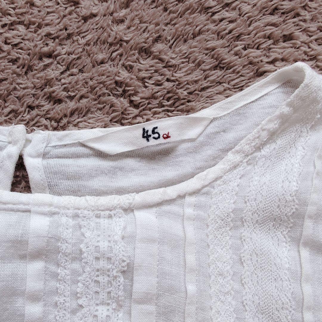 45r　タックリネンTシャツ　半袖　カットソー　リネン　　レース　白　ホワイト