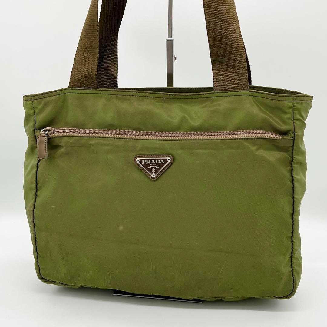 【美品】PRADA 三角プレート トートバッグ ナイロン レザー グリーン