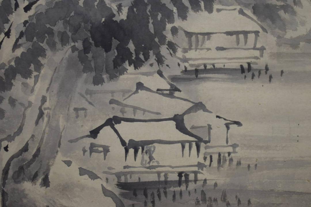 真作/谷文晁/山水集落図/山水図/布袋屋掛軸HJ-34 真作/谷文晁/山水集落図/山水図/布袋屋掛軸HJ-34