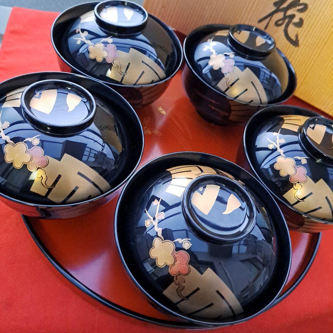【輪島塗　羽反型　御吸物椀×5客】布着本堅地　松竹梅/源氏香　蒔絵　　浅見漆器店