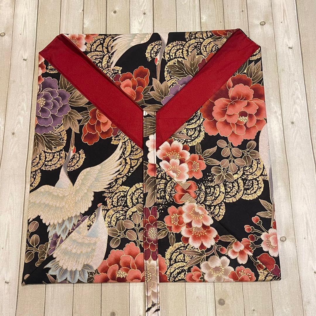 弓道 かけ袋ポケット付 鶴と牡丹(黒) ハンドメイド 雑誌で紹介された