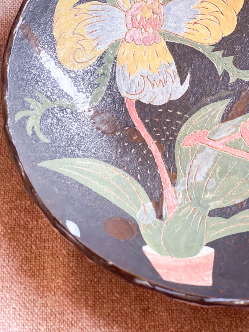 鹿児島睦 猫と花植物 皿 プレートボウル 約19.5cm