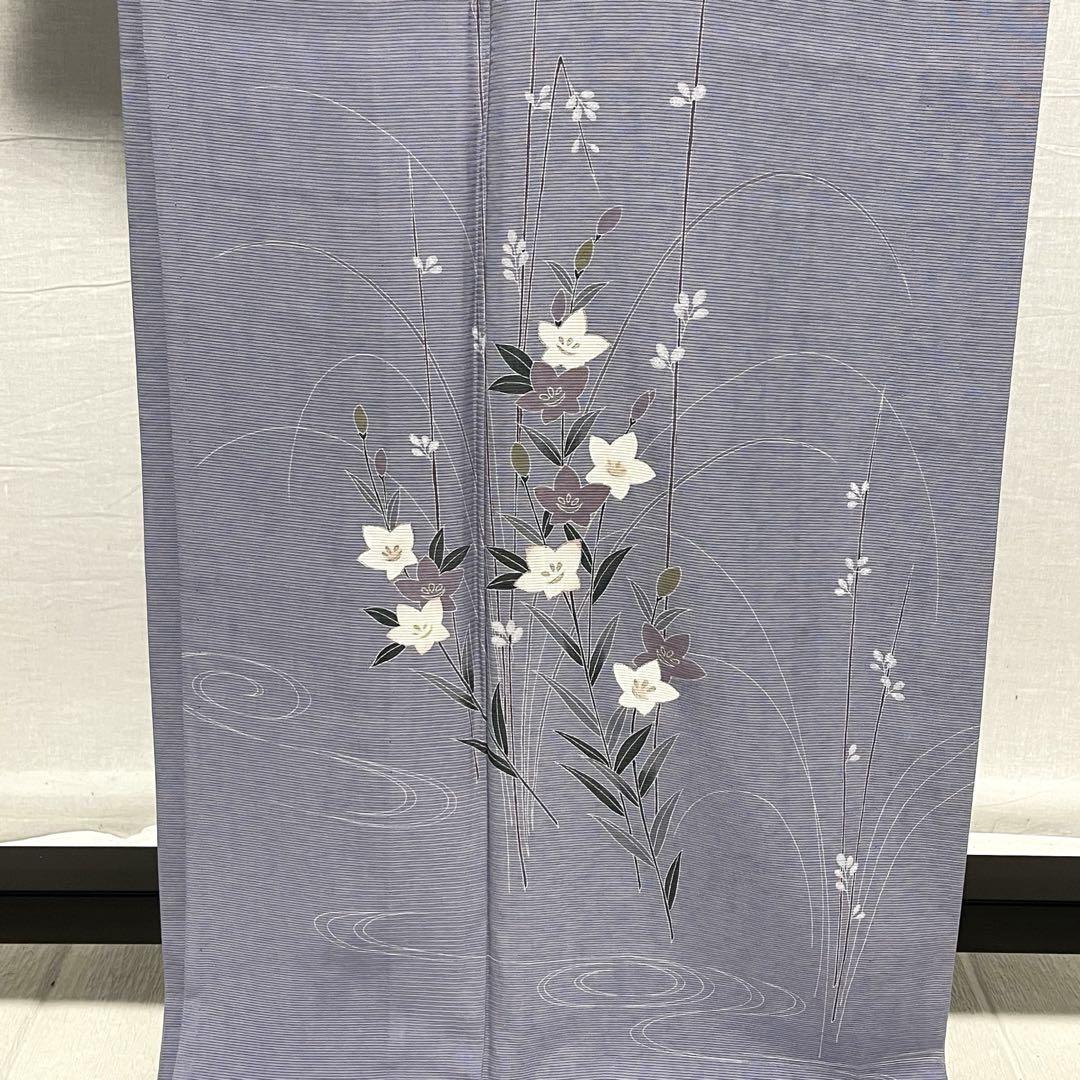D146 夏着物　訪問着　桔梗　流水　ブルーグレー　絽　正絹　未使用極美品