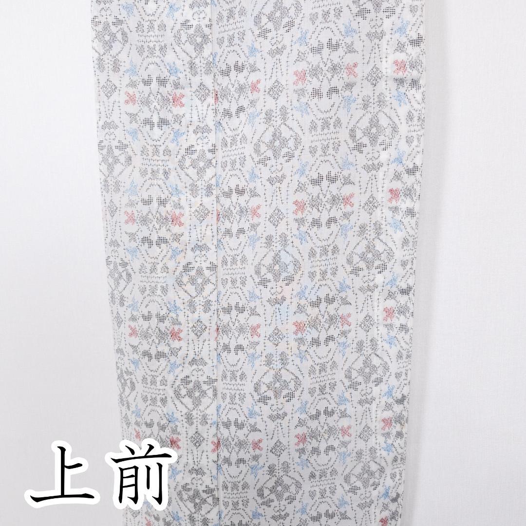 R7SK653 小紋 夏物 薄物 白 黒 赤 絣調 幾何更紗 バチ衿 着物