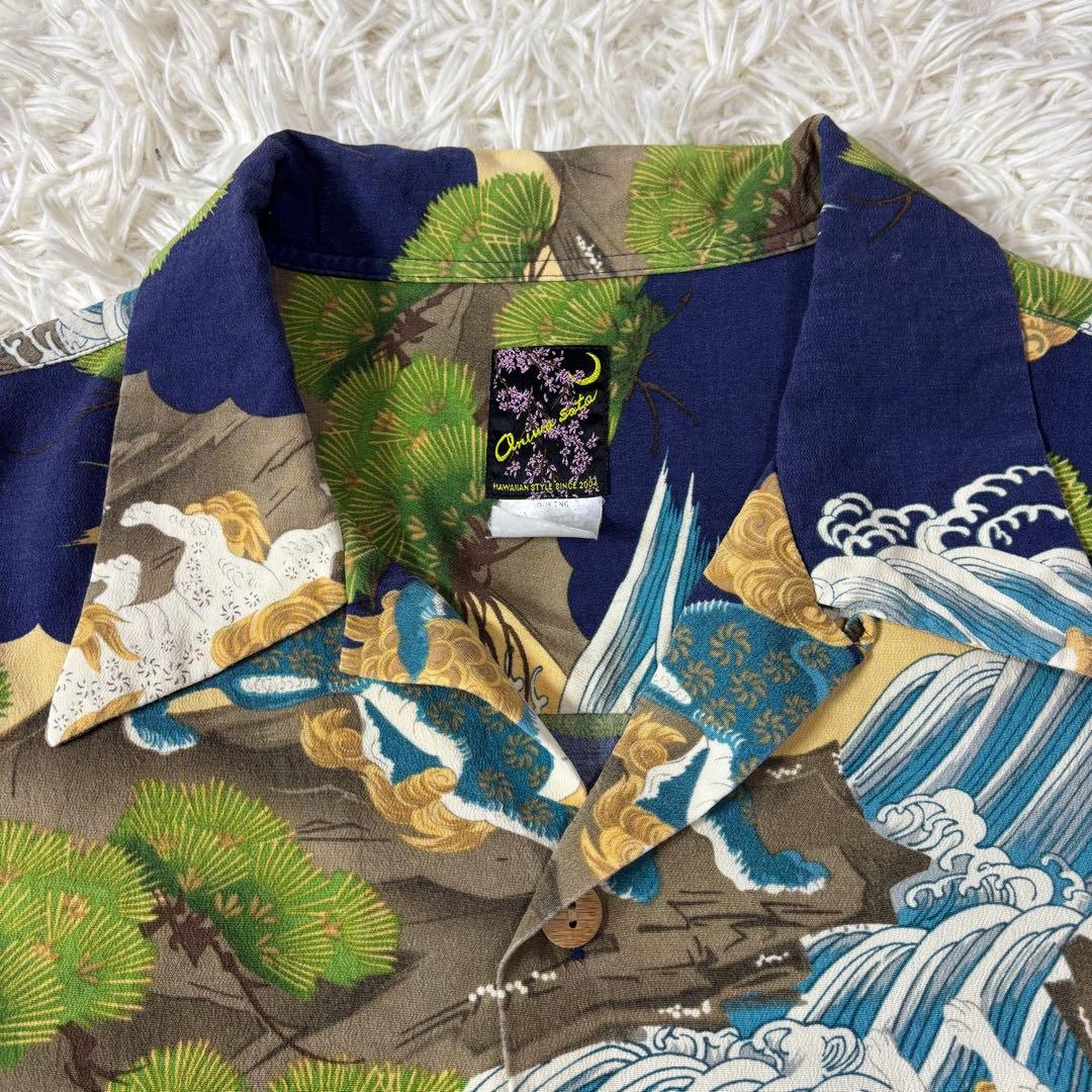 オニワソト oniwasoto アロハシャツ 獅子舞 波 3L 開襟 和柄