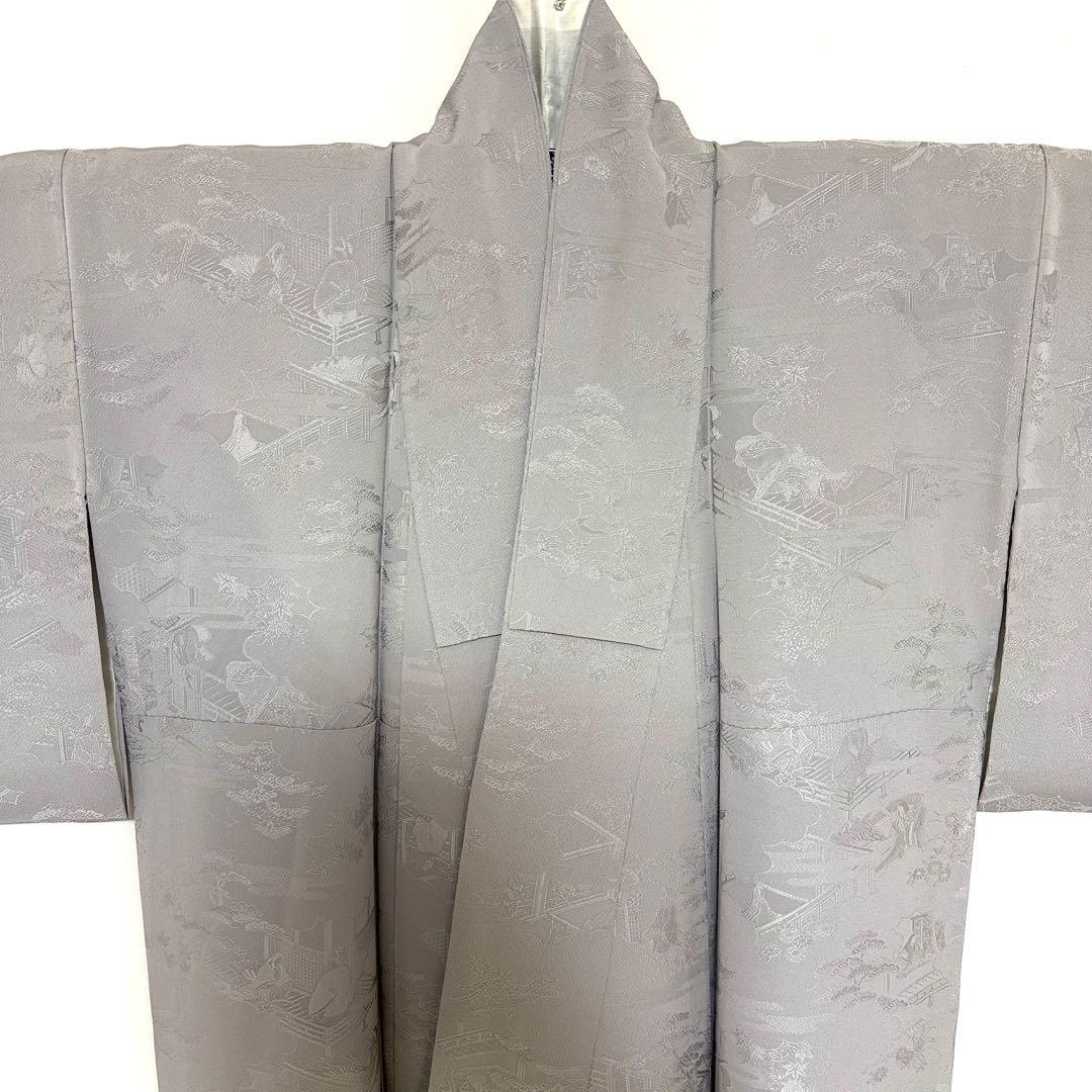 5k3091 着物 正絹 袷 色無地 一つ紋 家紋 グレー 地紋 無地 和装 5k3091 着物 正絹 袷 色無地 一つ紋 家紋 グレー 地紋 無地 和装