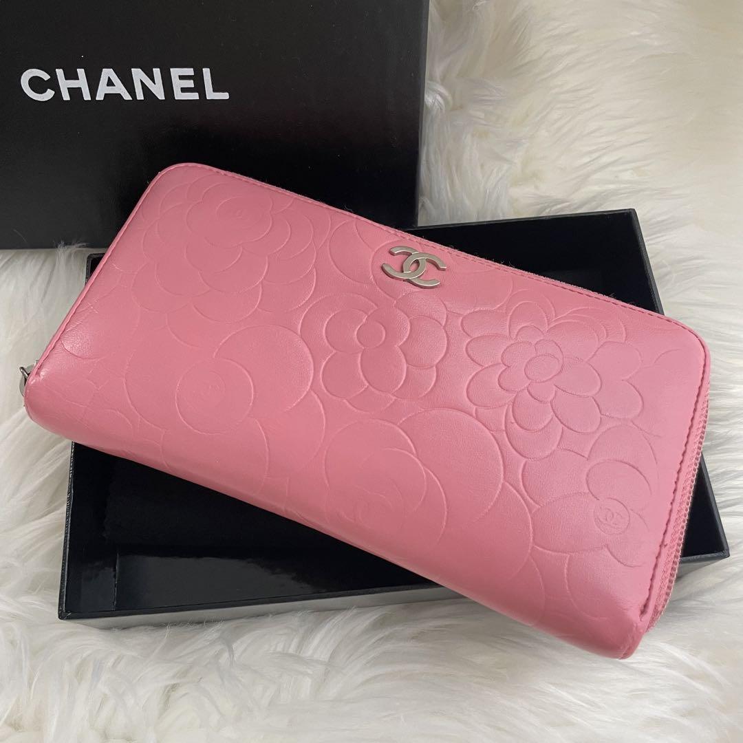 シャネル CHANEL 財布 ラウンドファスナー カメリア ピンク ココマーク