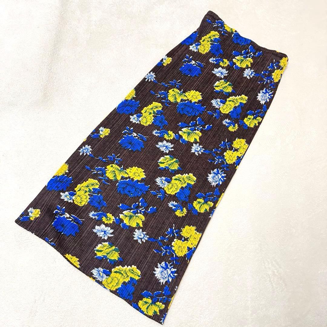 PLEATS PLEASE プリーツ 花柄 マキシ丈 ロングスカート ブラウンFREE SIZE・PLEATS PLEASE