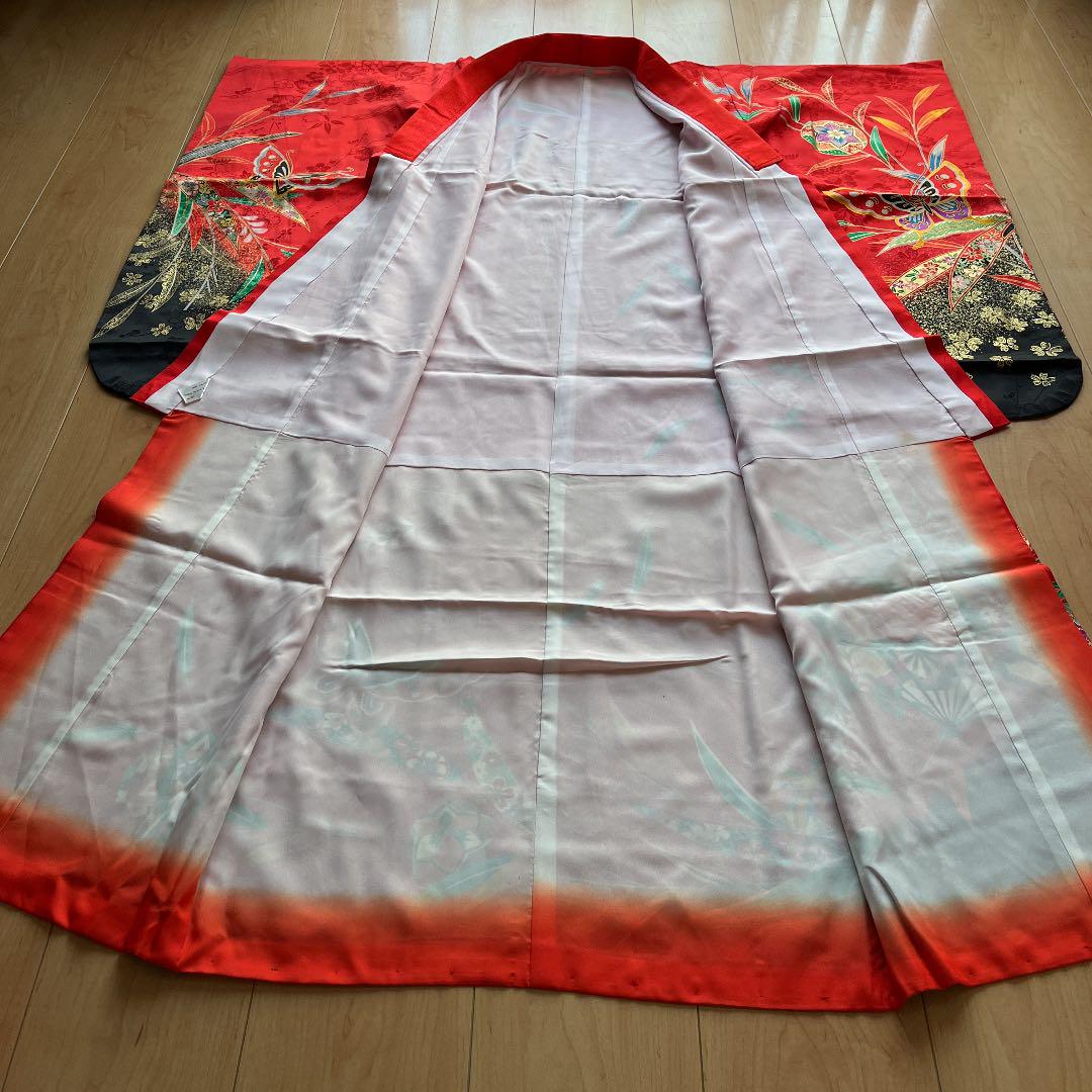 限定SALE正規品 15 着物単品 七五三 四つ身 weOkP-m64940389232 正絹 蝶々×鞠×黒×赤 再入荷新作