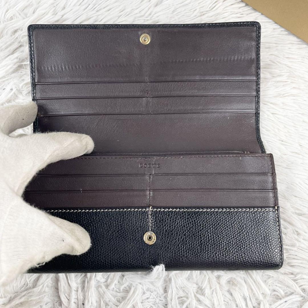 美品 ロエベ 長財布 黒 ステッチ アナグラム フラップ ホック
