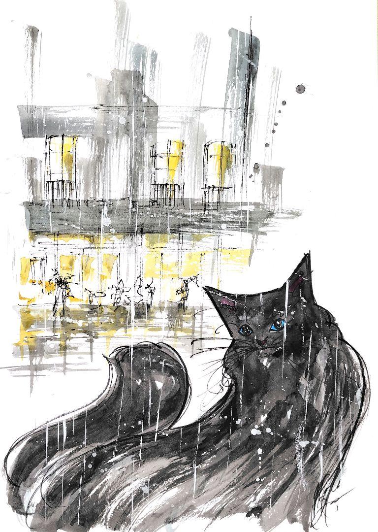 原画#3738 黒猫 パリ 雨 水彩画 ドローイング インテリア アート
