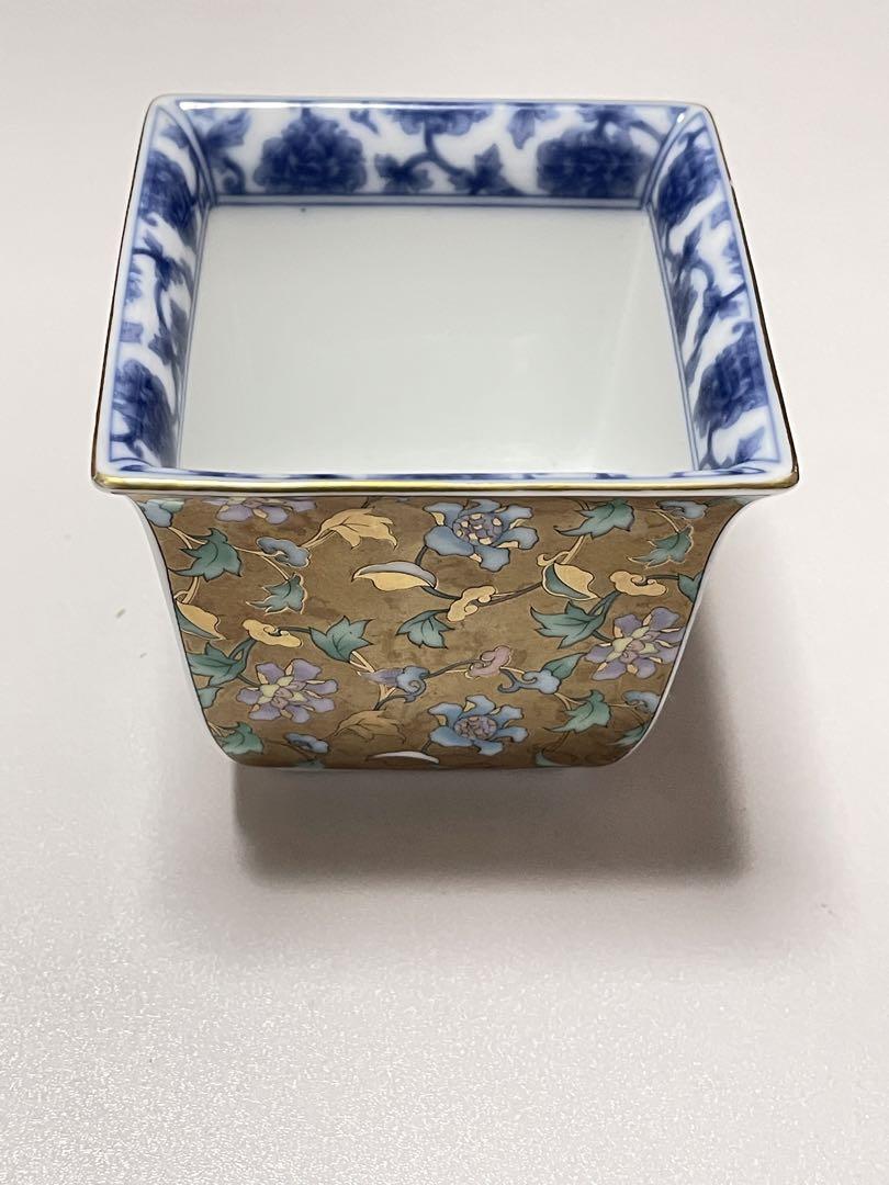未使用保管品庫山窯前畑陶器牡丹唐草色絵金蘭小鉢揃１客