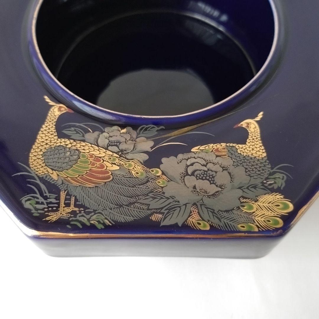九谷焼 灰皿 八角形 陶器 瑠璃 金彩 花鳥 孔雀 牡丹 レトロ 煙草