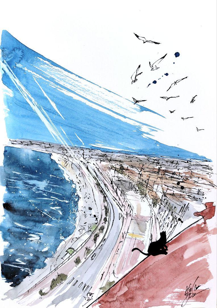 原画#3310 猫　雪　ニース　フランス　水彩画　ドローイング　インテリア　絵画 原画#3310 猫 雪 ニース フランス 水彩画 ドローイング