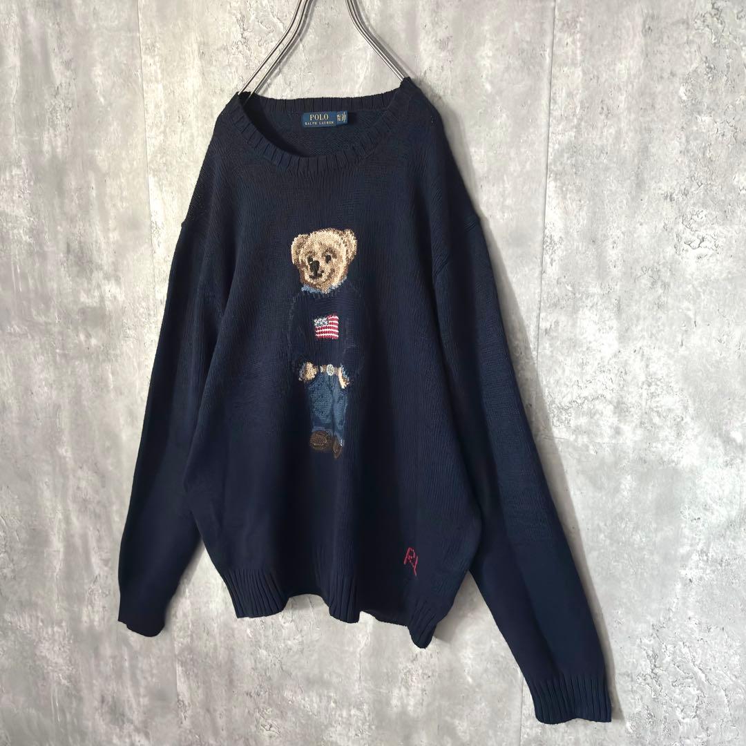 【大人気！】美品 ポロベア 星条旗 ニット 現行 ラルフローレン リネン混合