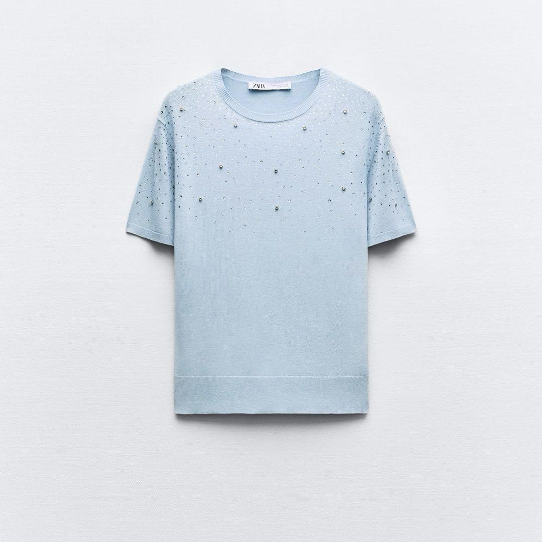 新品未使用【ZARA】シャイニーニットTシャツ ライトブルー 2024