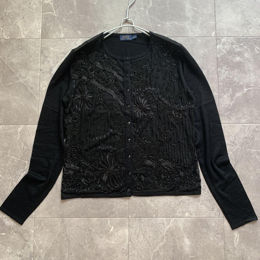 ラルフローレン　カーディガン　ビーズ総刺繍　シルク　カシミヤ　黒　M