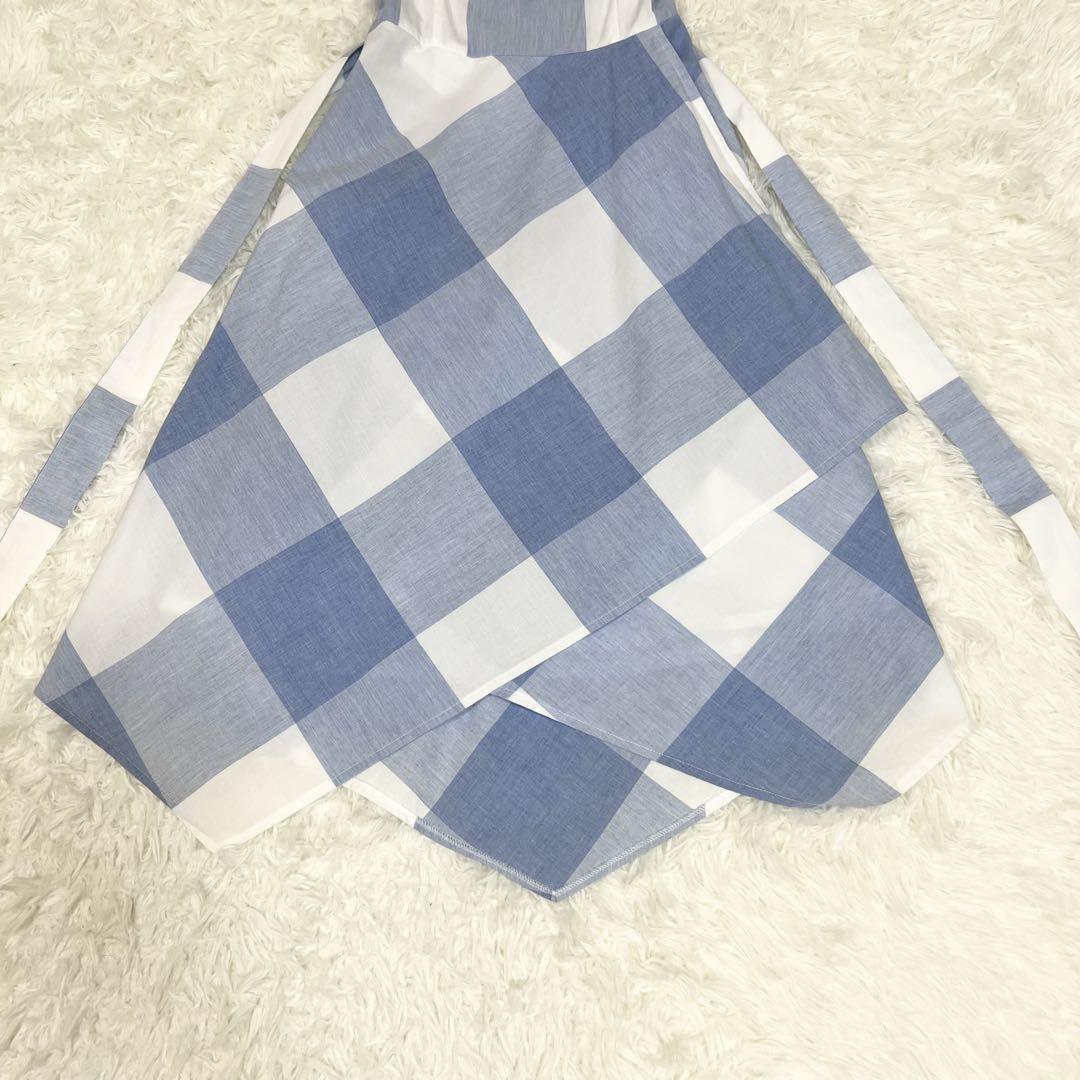 美品✨エムズグレイシー チェックノースリーブワンピース ベルト付き ブルー 38