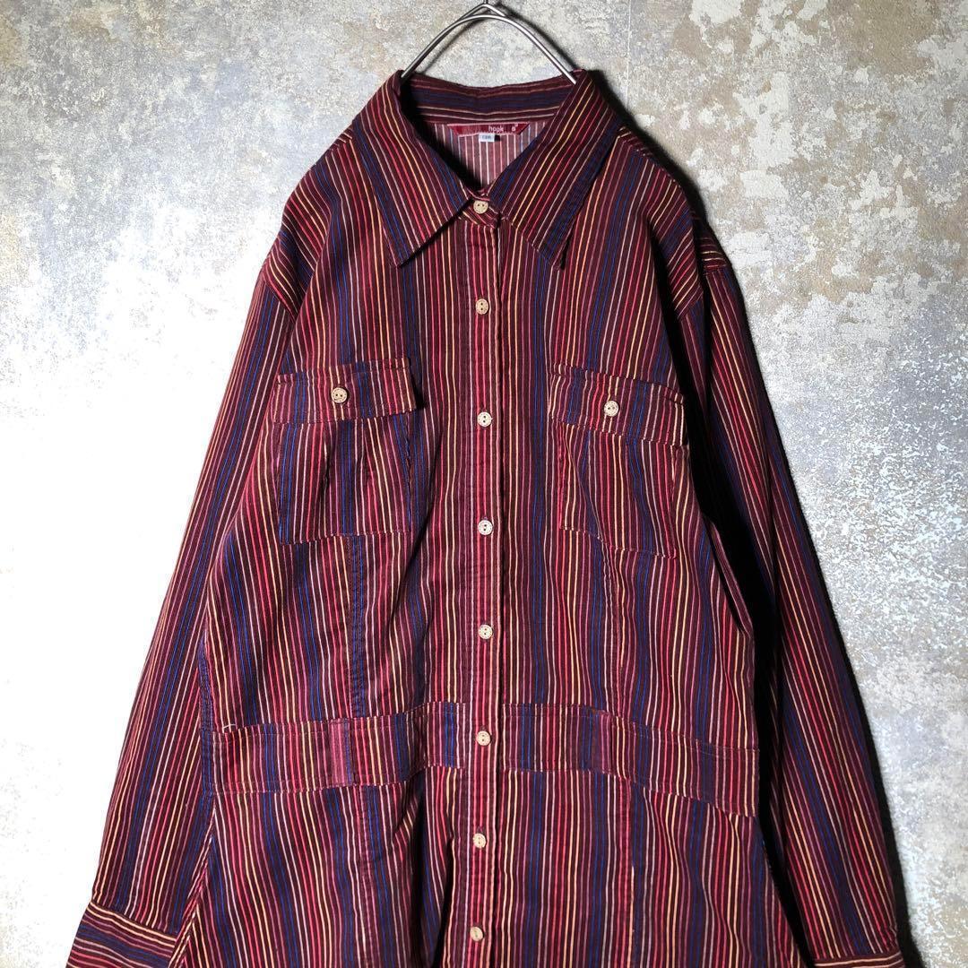 Zbs3【ヴィンテージ】マルチストライプ柄ロングシャツ　ベッチン　えんじ　古着