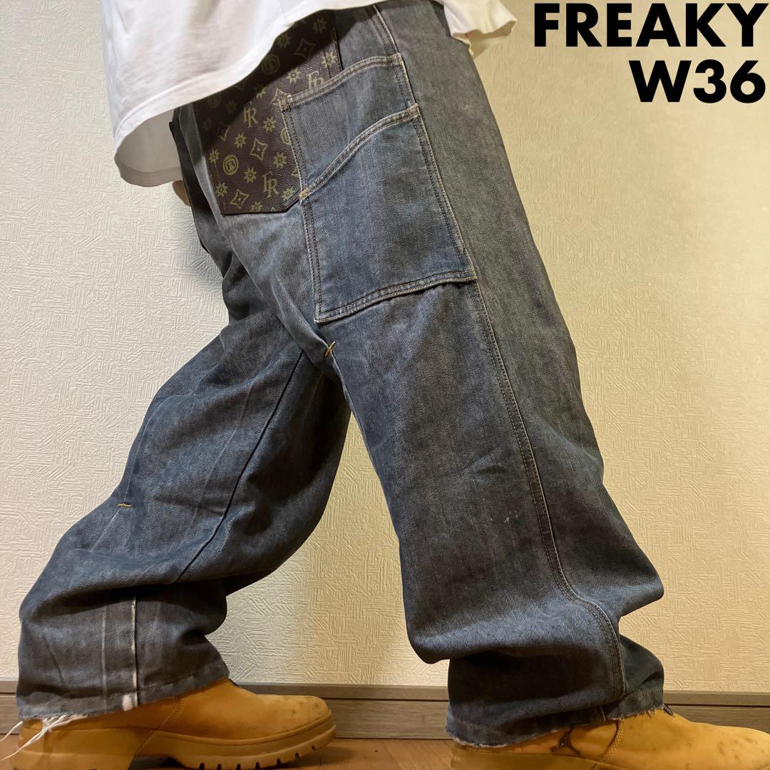 極太90s希少 FREAKY モノグラム バギーカーゴデニム B系HIPHOP 極太90s希少 FREAKY モノグラム バギーカーゴデニム B系HIPHOP