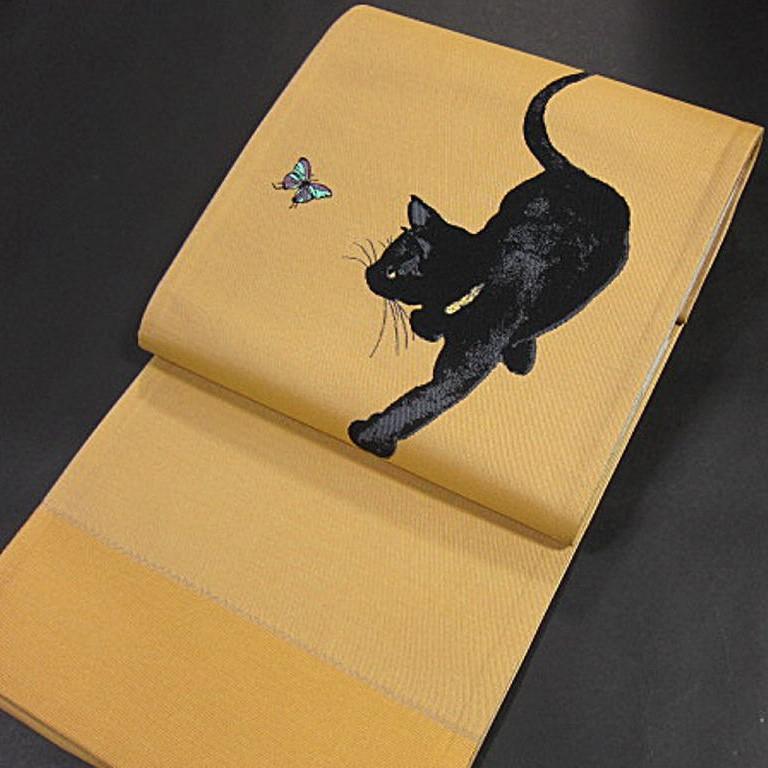 新品　西陣織袋帯　黒ねこ【綿芯御仕立付】ねこ好きの方に！