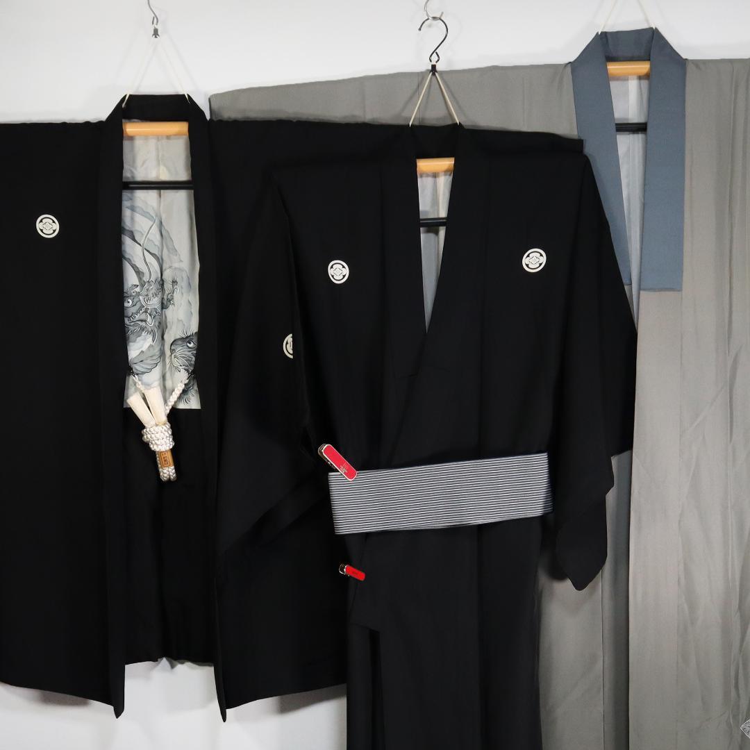 PB138　深みある黒羽二重　紋付　男物着物セット