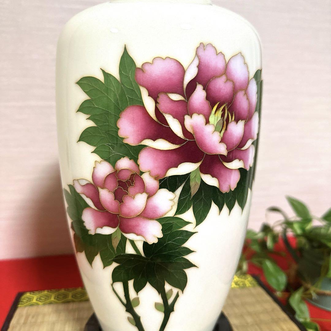 七宝焼　花瓶　牡丹　台座付き