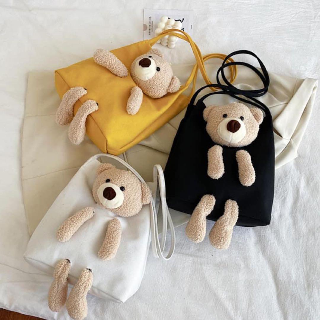 くまのぬいぐるみ付き トートバッグ ブラック キャンバス 手さげ