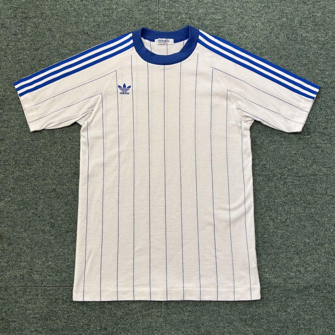 オールドアディダス　80s　古着　ストライプTシャツ　袖シングル　Mサイズ