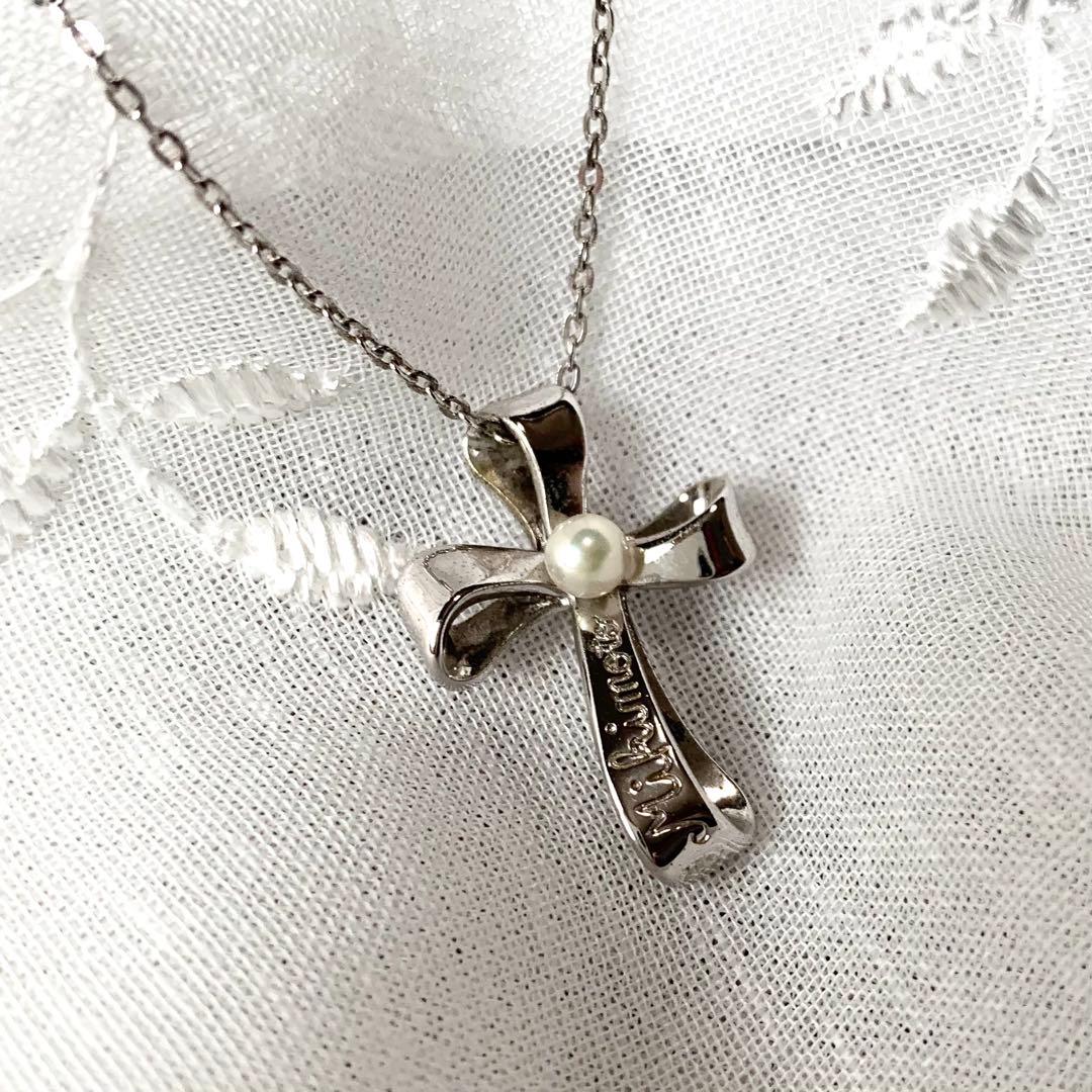 【美品】MIKIMOTOミキモト 真珠パールネックレス クロス十字架 シルバー⑤