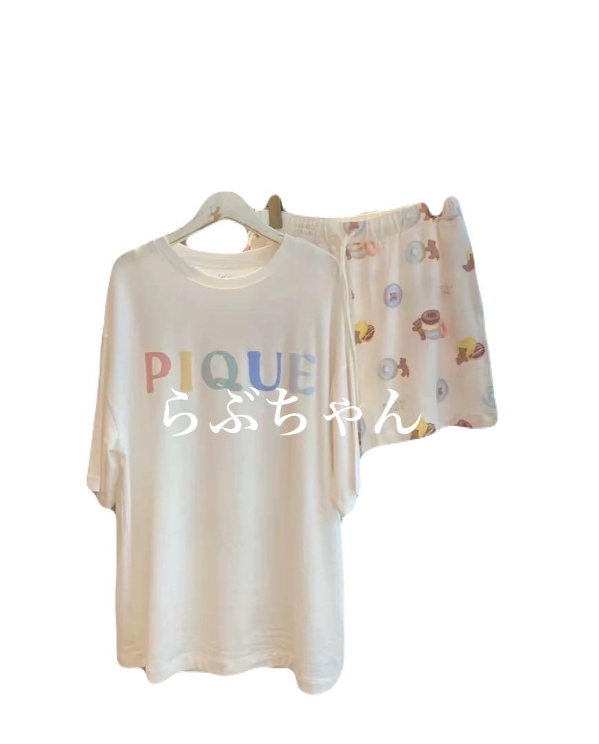 ジェラートピケ　ドーナツベアワンポイントTシャツ&ショートパンツ　ホワイト