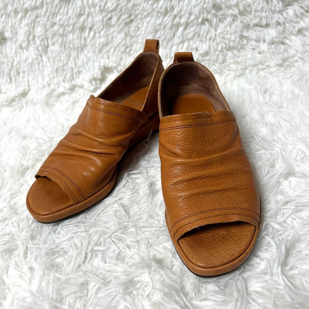 【極美品】SAYA サヤ レザーオープントゥスリッポン(キャメル） 22.5cm