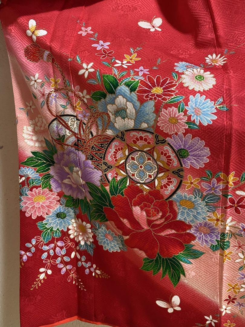 七五三　5歳　7歳　着物　襦袢　赤系　ぼたん　御所車　梅　蝶　正絹　美品